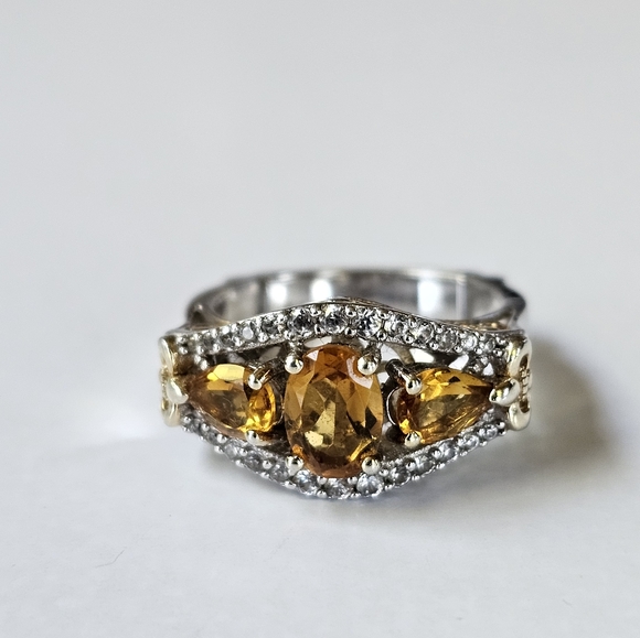 Genuine 🍋 Citrine & White Zircon Ring in 14k Yellow Gold & Sterling Silver Sz 6 - Picture 3 of 17